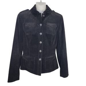 Tahari Corduroy Jacket Womens Size 4 Black Pockets Button Up Retro Epaulets